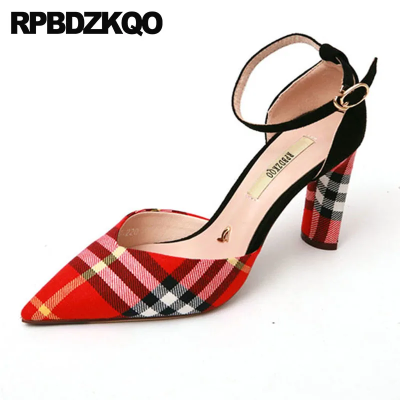 Pumps Famous High Heels 3 Inch Ankle Strap Red 2018 Thick Size 4 34 Shoes Brand Designer Women Luxury Pointed Toe Gingham Plaid Pumps Famous High Heels 3 Inch Ankle Strap Red 2018 Thick Size 4 34 Shoes Brand Designer Women Luxury Pointed Toe Gingham Plaid