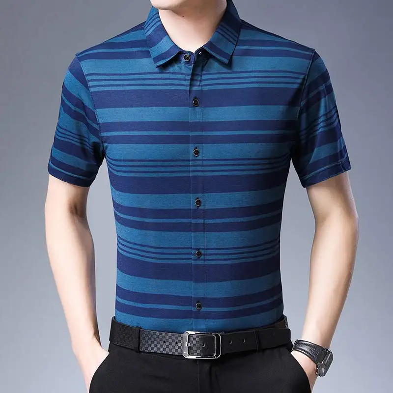 Новая повседневная Летняя Роскошная полосатая рубашка с коротким рукавом, приталенная Мужская рубашка, уличная одежда, рубашки, мужская мода, Джерси 50572 - Цвет: Dark Blue