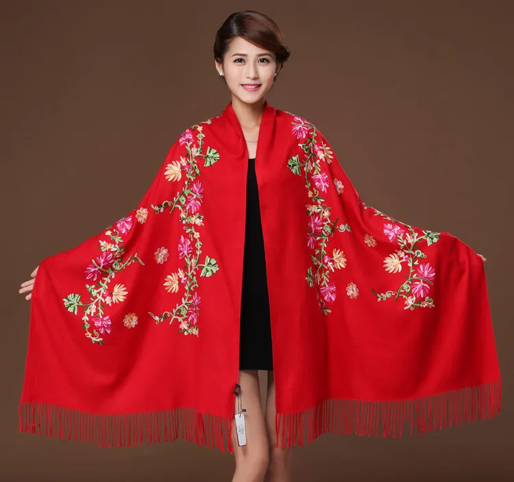 Красный женский s вышитый цветок кашемировый шарф Пашмина зимний теплый тонкий шарф с кистями шаль мода шаль шарфы 111818