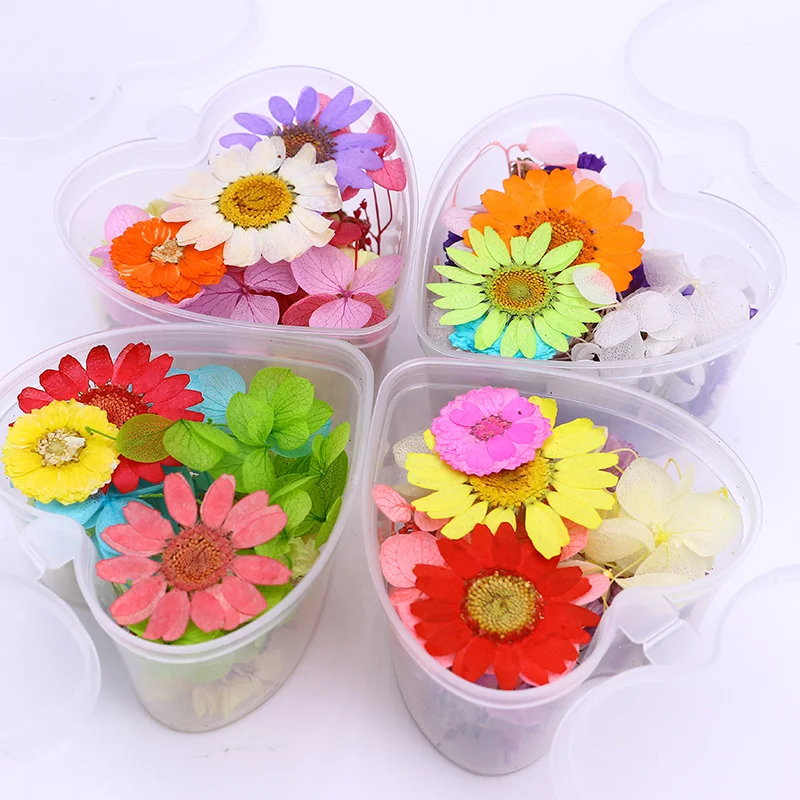 

Colorful Dried Flower 3D Nail Art Decorations Preserved Flower With Heart-Shaped Box Nail Tips Manicure Decoration UV Gel Polish