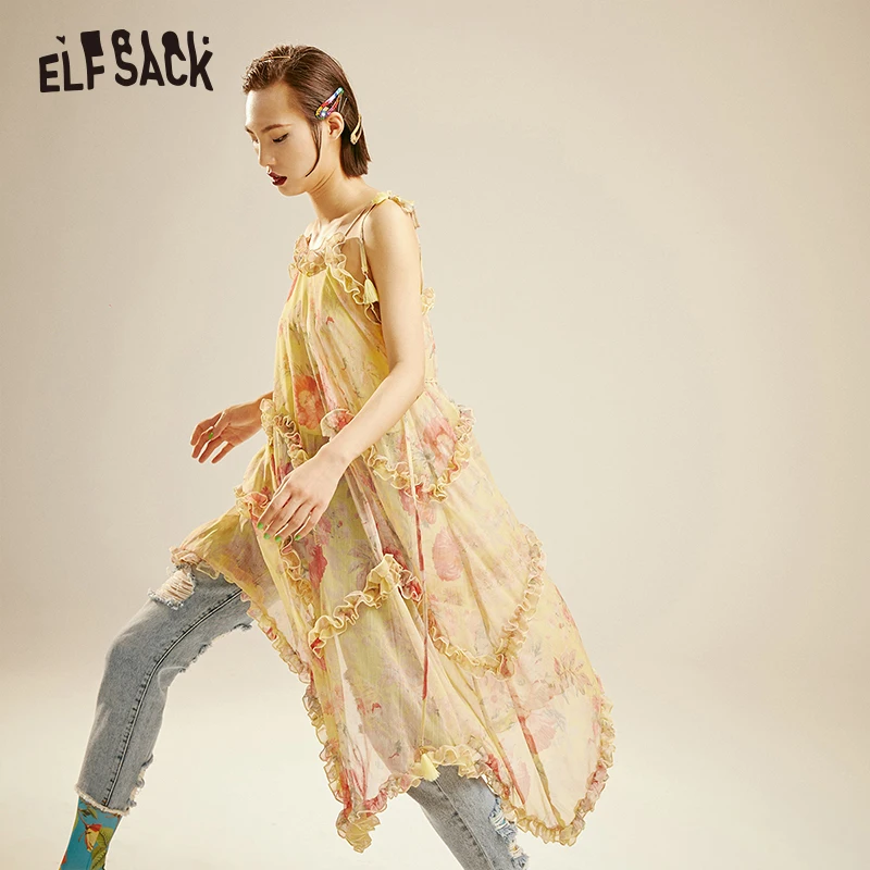 ELFSACK Yellow Floral Print Off Shoulder Strap