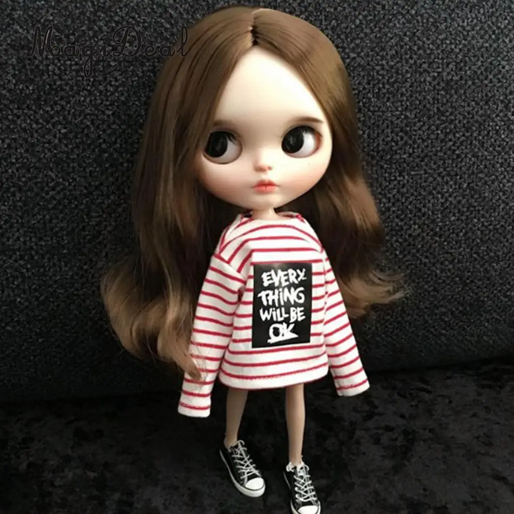 1/6 Doll Long Sleeved T-shirt Striped Tops for Blythe Costume Garment Accessory Girls Pretend Play Toy Gift - Цвет: Red-White
