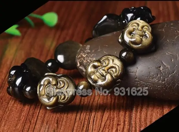 

Beautiful Natural Gold Obsidian Handmade Carved Small Larghing Buddha Head Lucky Stretch Elastic Bracelet Fashion Jewelry