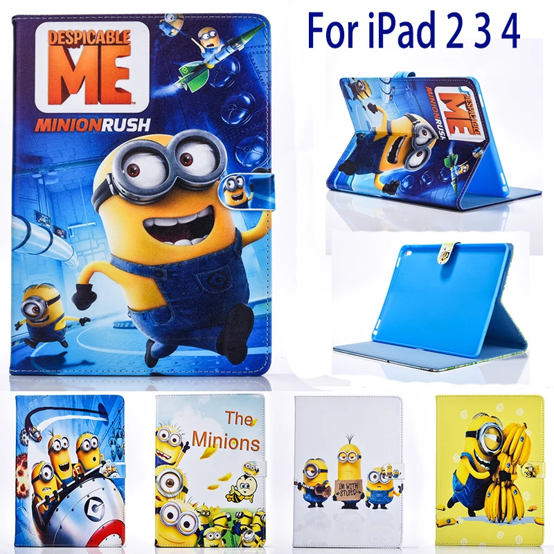 

Tablet case cover for apple ipad 2 3 4 ipad 4 ipad 3 case Minions Cartoon stand PU Leather Cover Gift