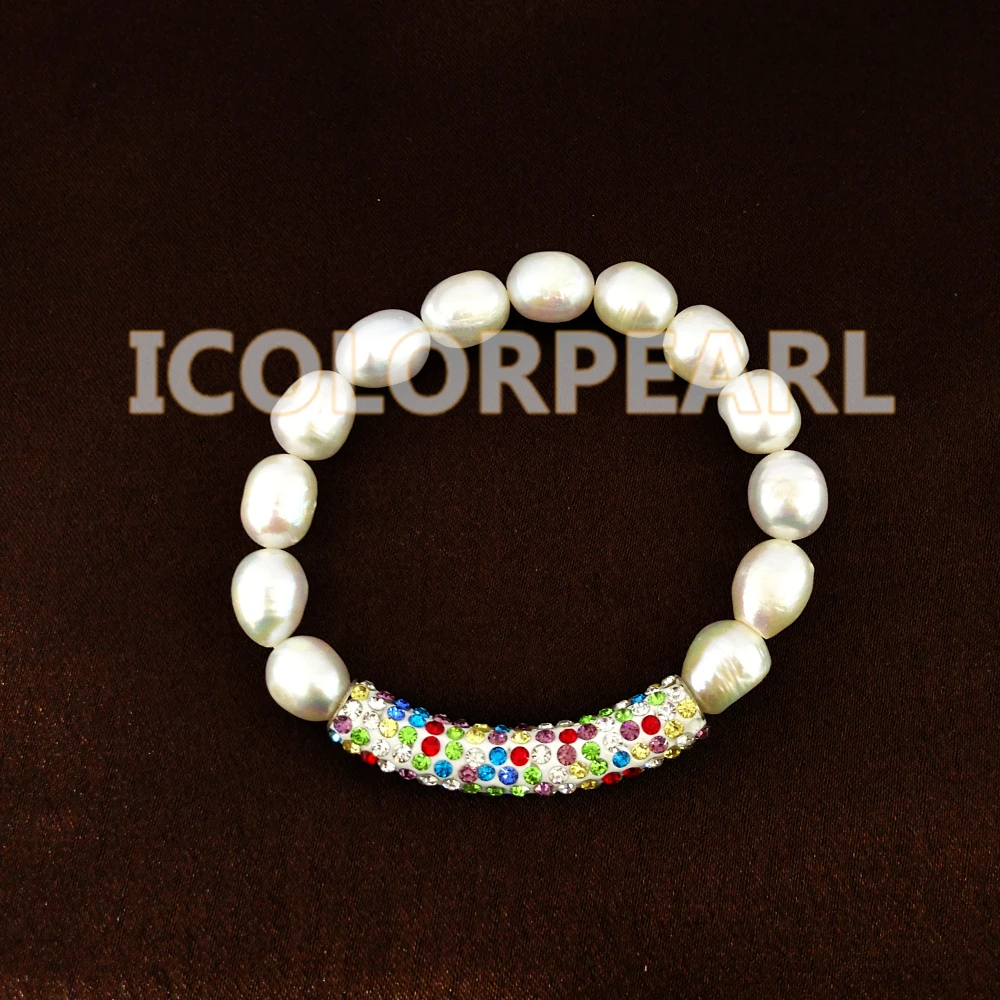 

WEICOLOR10-11mm Egg Shaped White Natural Freshwater Pearl And Crystal Bracelet on Elastic. Contact For the Color Of Crystal