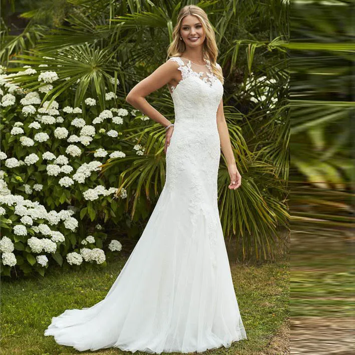 

Mermaid Illusion Back Princess Boho Wedding Dress O Neck Lace Appliques Vestidos De Noiva Tulle Train Bride Dress