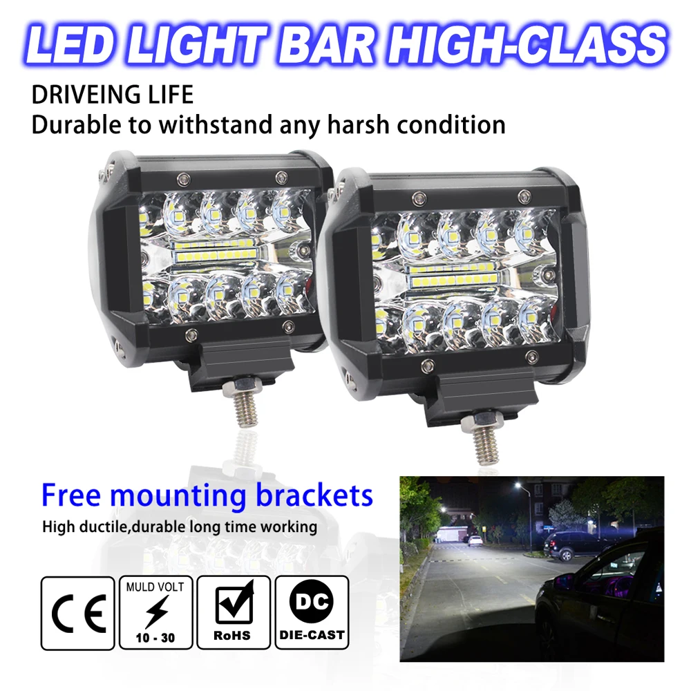 

2pcs 4 Inch Work Light Bar Combo Offroad Motorcycle Fog-lights 12V 24V LED Beams Lamp IP67 For Boats SUV Jeep headlight 60W LED