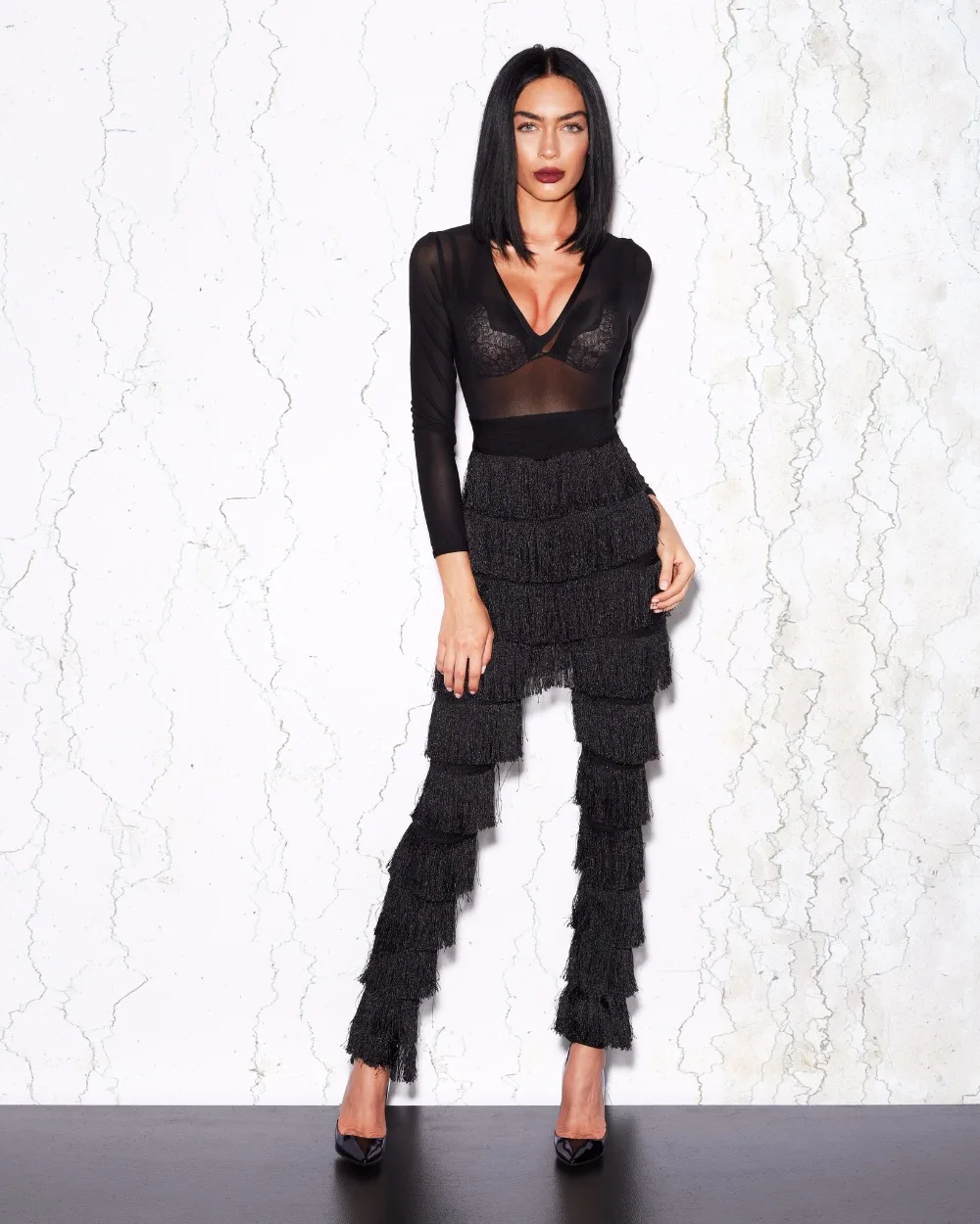 Long Sleeve Tassel Black Women Jumpsuit 