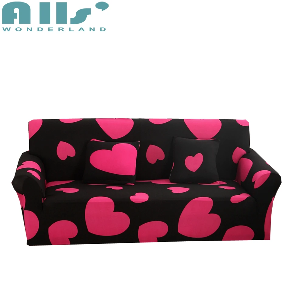 Black stretch sofa cover with pink heart pattern polyester