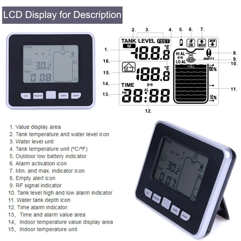 

0.5M-15M Wireless Ultrasonic Tank Depth Liquid Level Meter Ultrasonic Water Level Gauge with Temperature Thermo Sensor Time