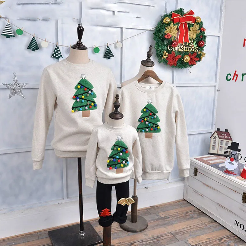 Одинаковые комплекты для семьи зимняя флисовая футболка с длинными рукавами для папы, мамы и ребенка Рождественский свитер с деревом, детские свитера