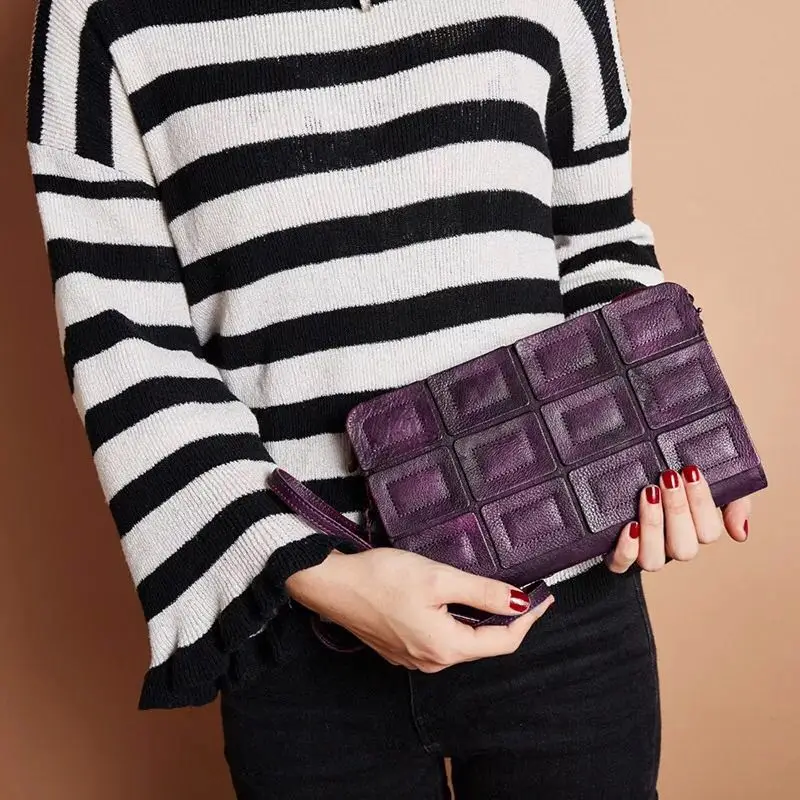 

Vintage Plaid Grid Designer Genuine Leather Ladies Small Flap Bag Clutch Purse Cowhide Women's Wristlets Card Case Crossbody Bag