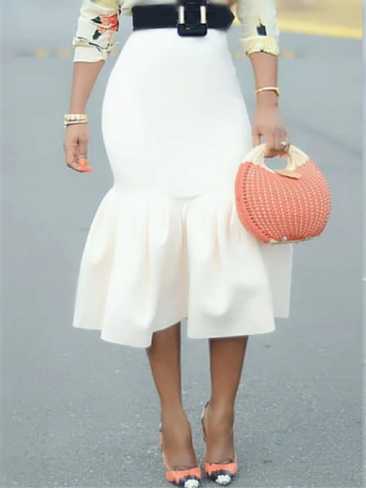 

Women White Bodycon Mermaid Skirt High Waist Slim Ruffles Package Hip Tight Classy Saias Jupes Falads Elegant Office Work Wear