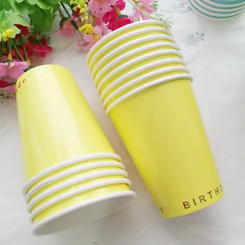 

16pcs Happy Birthday Paper Cups Yellow with Foil Gold Birthday Party Decor Drinking Cup Beverage Kids Favor Paper Cups Tableware