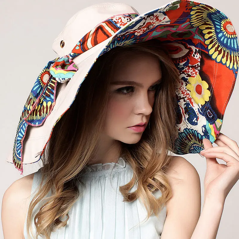 Модные женские цветочные складные шляпы с полями, летние пляжные головные уборы с бантами - Цвет: Beige