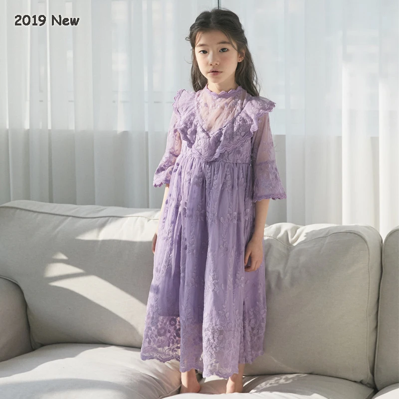 Фиолетовые кружевные вечерние платья для девочек на свадьбу, длинное платье с расклешенными рукавами для детей 4, 5, 6, 8, 10, 12, 14 лет, новинка, корейские Детские платья