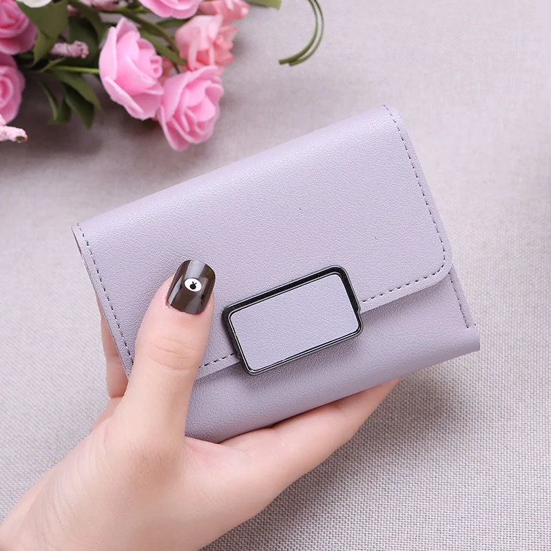 

2019 summer The New Short style trend Simple Square decoration fashion Female Solid three fold Student wallet Five color choice