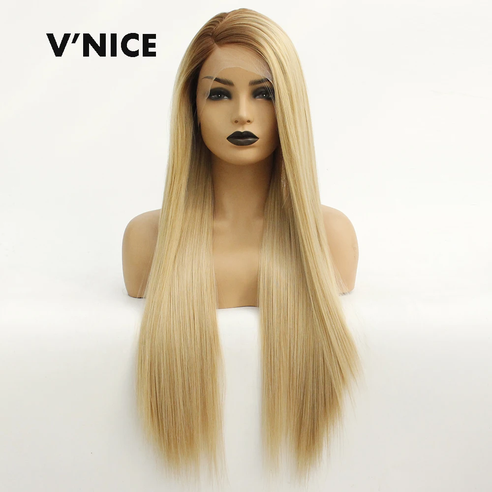 

V'nice Brown Ombre Blonde Synthetic Lace Front Wig for Women Side Part Long Straight Lace Wigs Half Hand Tied