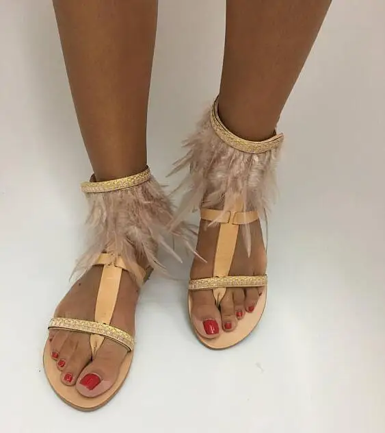 

Summer Super Hot Feather Fringe Women Clip Toe Sandals Small Rhinestone Straps Ladies Fashion Flat Sandals T-Strap Dress Sandals