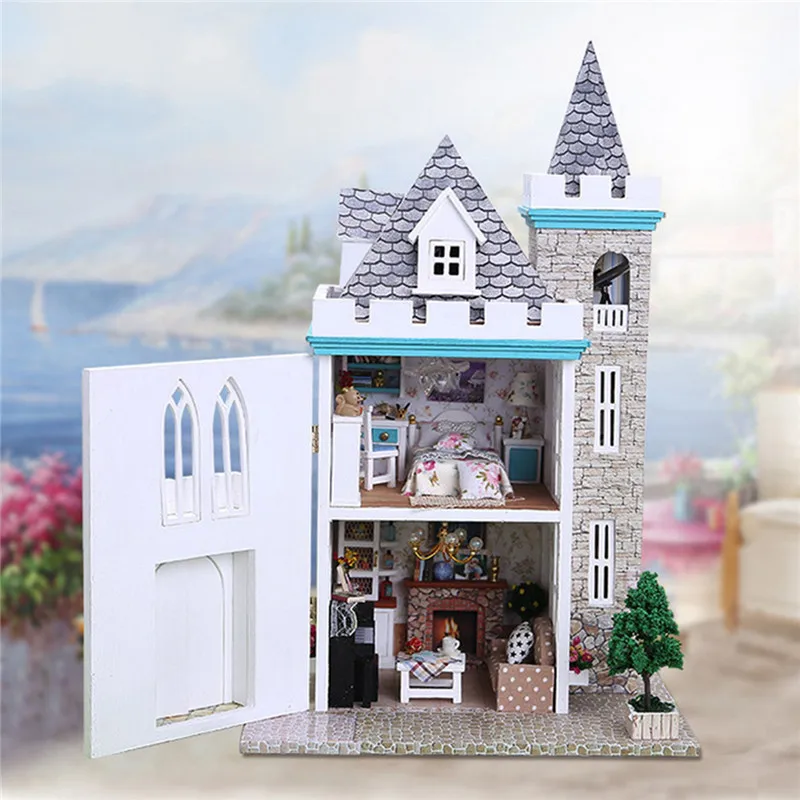 name diy wooden dollhouse with led light assembled doll house moonlight castle gift model sku554316 material wood fabric plastic etc