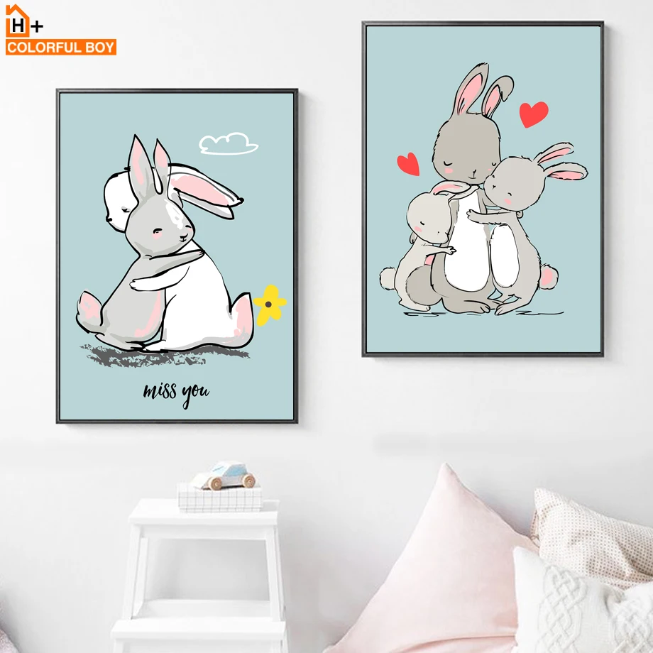 

Lovely Rabbit Baby Wall Art Canvas Painting Nordic Posters And Prints Cartoon Animals Wall Pictures Baby Kids Room Pop Art Decor