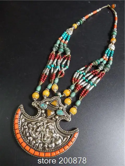 TNL184 Master Design Nepal Indian brass inlaid Stone coral pendant necklace Multi Statements Big Pendants BOHO Necklace