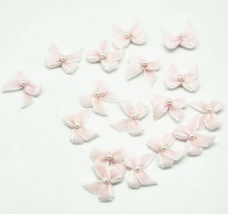 

200pcs Free shipping Tiny Velvet ribbon Bow with Pearl Center for Crafting, Sewing, Doll Shoes, Wedding Favors