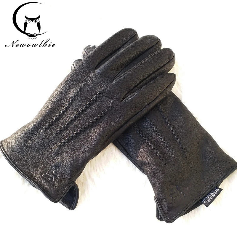 New deer skin pattern design leather gloves male warm soft Sheepskin men's glove black three lines design men mittens