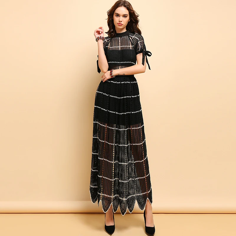 LD Linda della, новое модное летнее платье Для женщин короткий рукав выдалбливают эластичной лентой на талии элегантные Повседневное черный длинный Платья для вечеринок