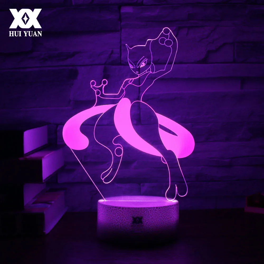 Светодиодный Многоцветный 3D светильник с Покемон Мьюту, креативные ночники, новинка USB, украшение для дома, настольная лампа, рождественский подарок