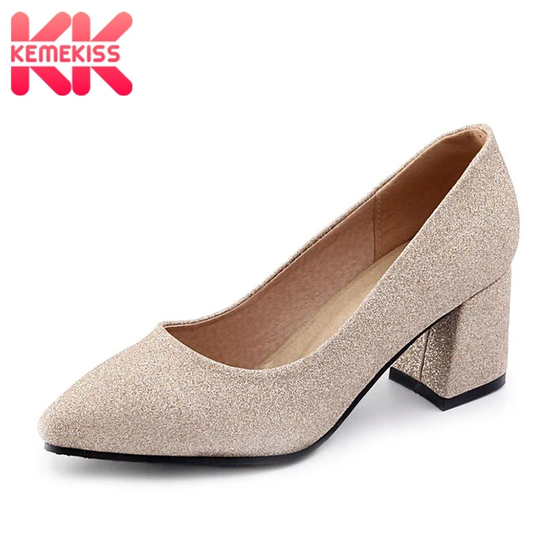 

KemeKiss Size 32-47 Women Basic High Heels Shoes Pointed Toe Thick Heel Pumps Women Glitters Fashion Party Lady Office Footwear