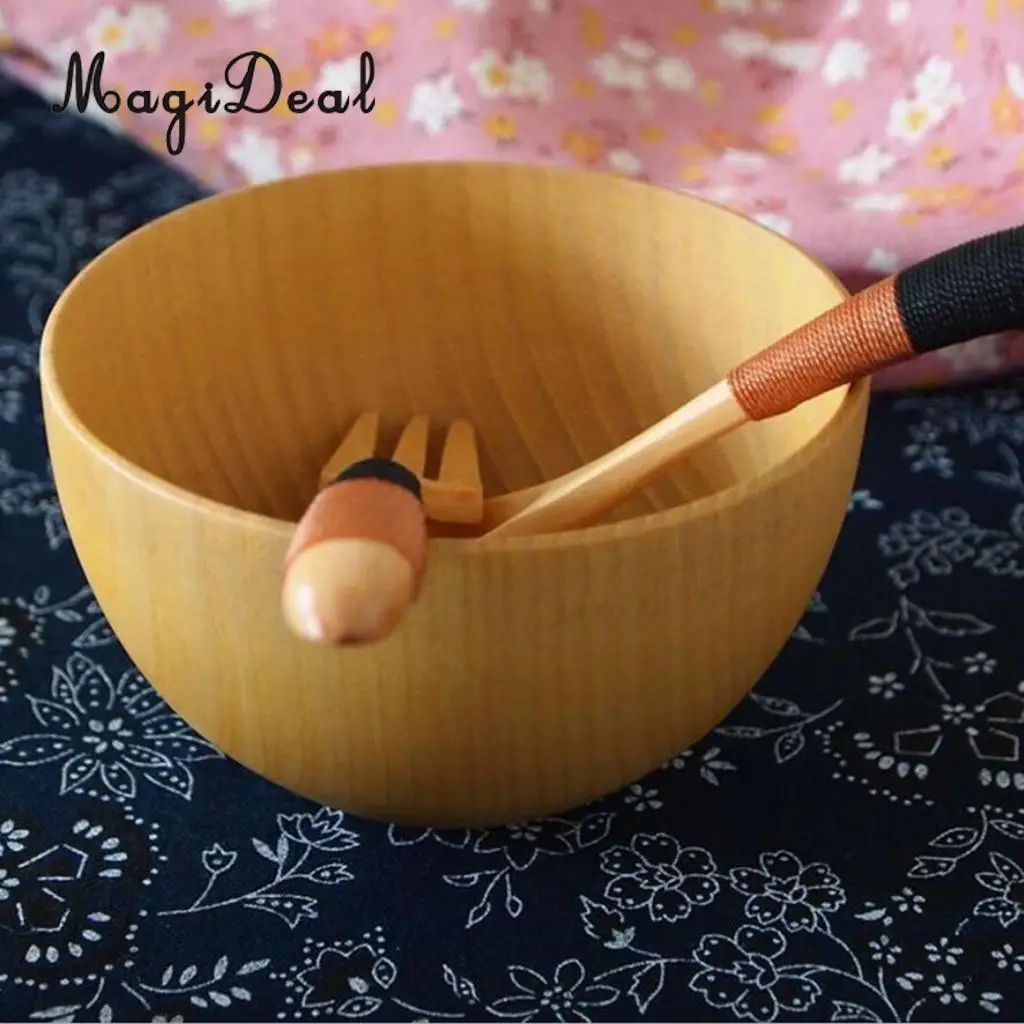 MagiDeal 3pcs Camping Portable Spoon Fork Bowl Set Wood Cereal Soup Container for Dinner Lunch