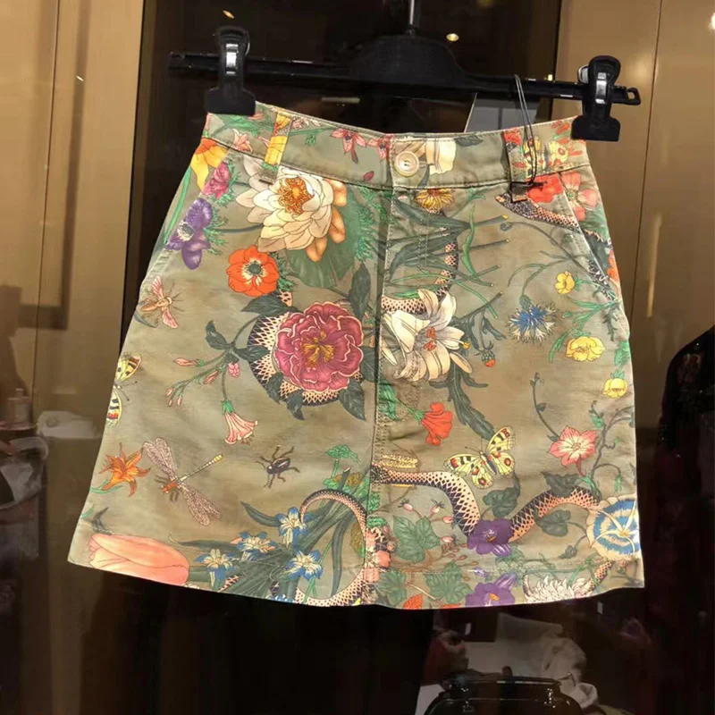 

Women Personality Pattern Butterfly Flower Print Army Green Vintage A Line Skirt