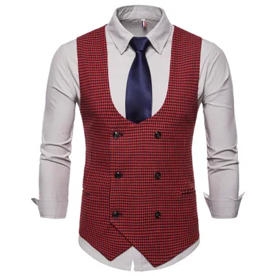 

Men Vest Vintage Waistcoat Retro Plaid Double Breasted U-shaped Collar Slim Fit Suits Vest Yelek Colete Masculino Gilet Men 2019
