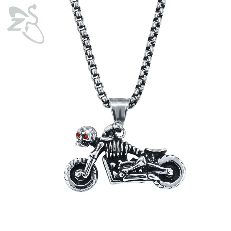 ZS Rock Roll Pendant Necklace Men's Stainless Steel Jewelry Punk Style Skull Necklace Skeleton