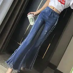 2018 Весна эластичность Хлопковые джинсы Для женщин Модные расклешенные брюки джинсовые высокая талия тонкая кисточка плюс размер 26-32