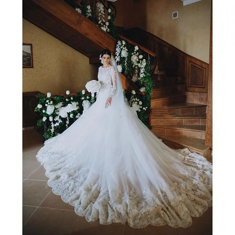 Vestido de Noiva Casamento Robe De Mariage Винтаж собор Поезд Кружева Свадебное платье с длинным рукавом мусульманское трапециевидное свадебное платье