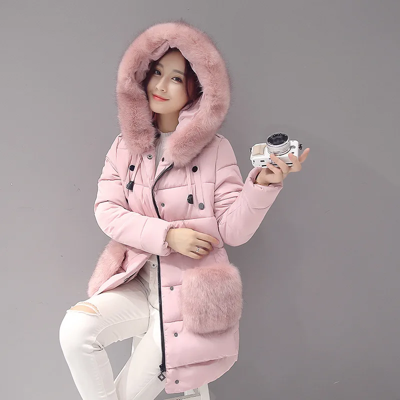 2016 New Winter Fashion Fox Fur A Word Size Slim Long Down Cotton Winter Coat Women