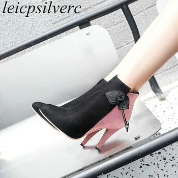 

Women Boots Super High Heel Warm Pointed Toe Zip Butterfly-knot Ankle Chelsea 2018 Mixed Colors Flock Sexy Fashion Casual Shoes