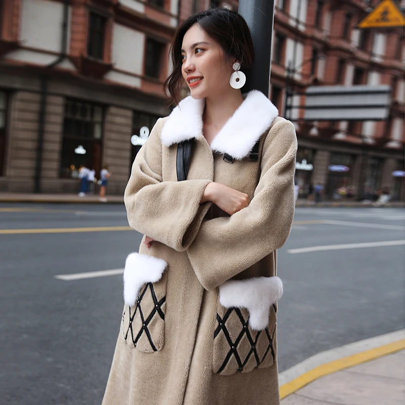Zt1349 Col Laine Beige De Hiver Femmes 2018 Automne Manteau Veste Mouton Manteaux Coréen Vintage Fourrure Longs Vison Réel Vêtements T7H8qW8F