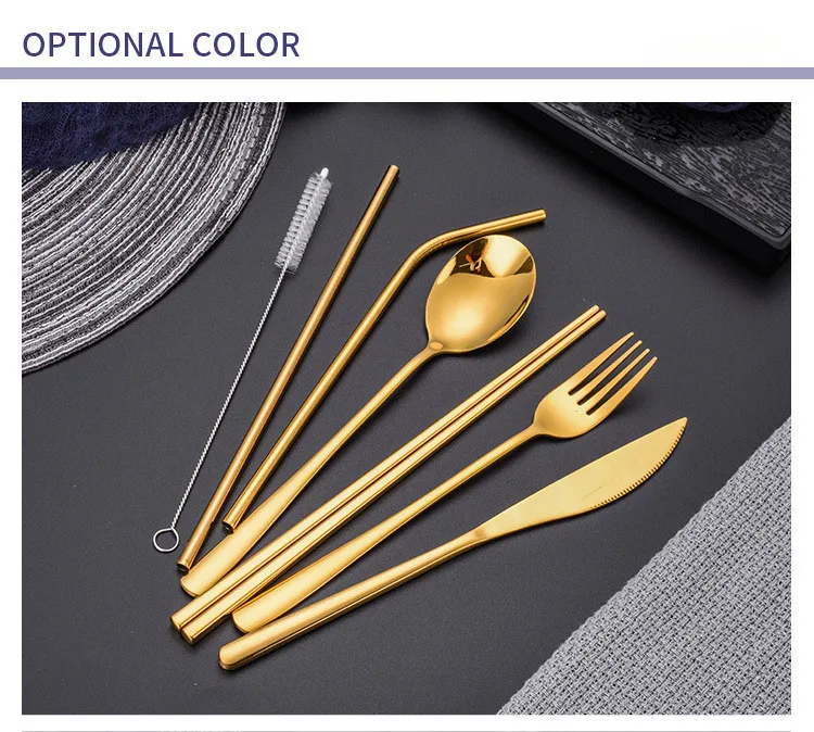 

gold flatware Stainless Steel flatware Sets Japanese Chopsticks Knife Fork Spoon Cutlery Set Eco-friendly Straws Dinnerware Set