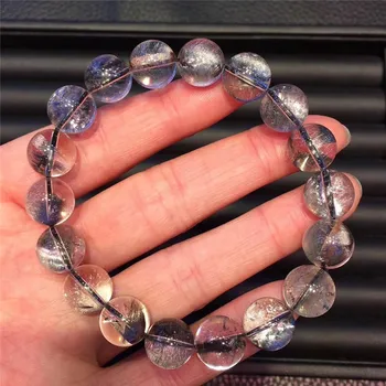 

11.2mm Genuine Natural Brookite Platinum Silver Rutilated Quartz Bracelet Crystal Gemstone Round Bead Woman Man Lucky Gift AAAAA