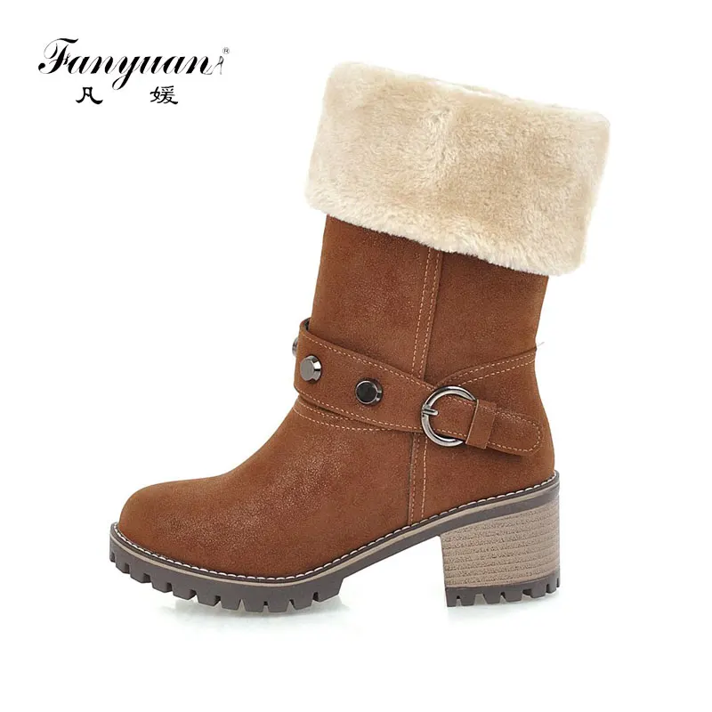 

Fanyuan Woman Mid Calf Boots New Woman Thick Bottom Platform Shoes Woman Boots High Heel Woman Fur Collar Motorcycle Snow Boots