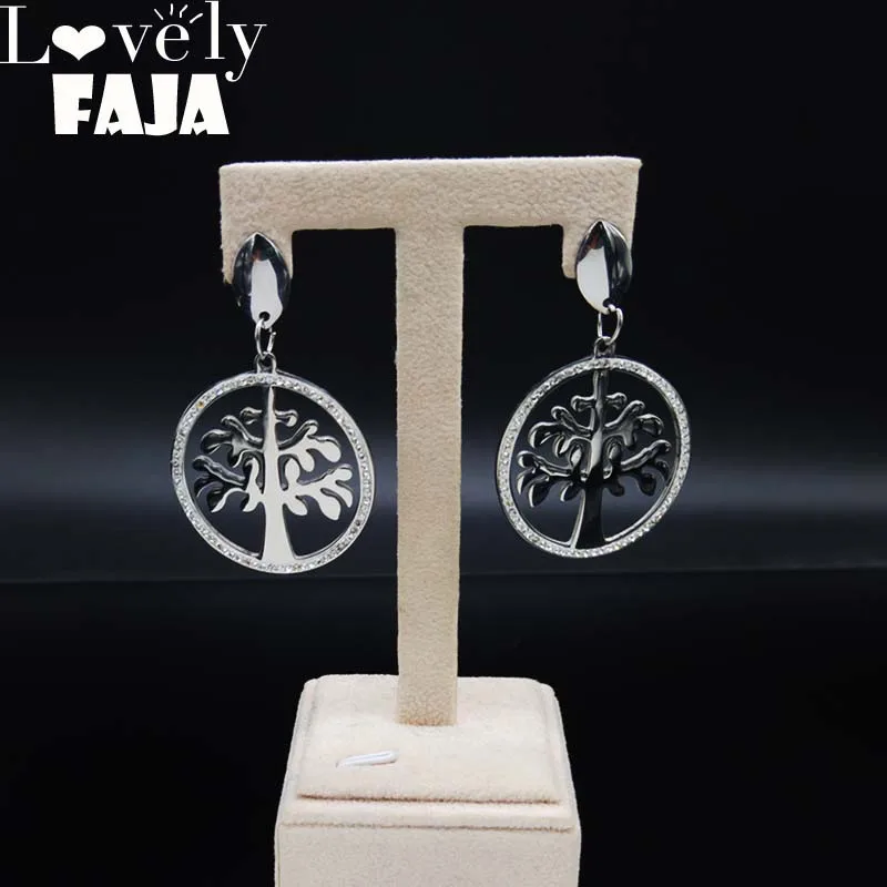 

Tree of Life Stainless Steel Stud Earings Women Crystal Silver Color Big Earring Jewelry pendientes mujer moda 2019 E612749