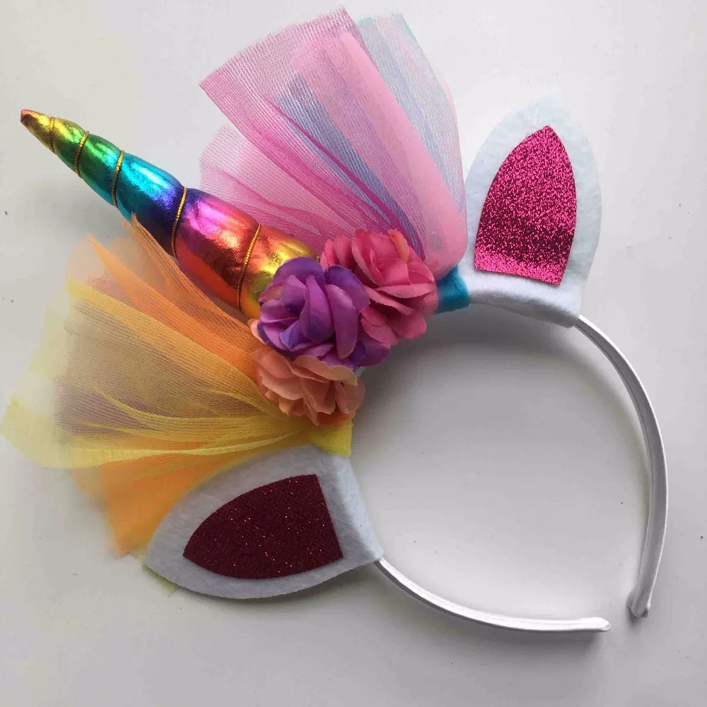 10 шт. Радужный Единорог рога Hairband Дети шифон повязка на голову "Единорог" блеск Пасхальный обруч для волос бонусом для вечерние аксессуары для волос подарок