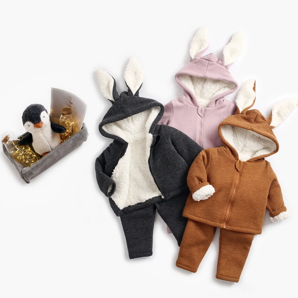 Зимняя одежда для малышей комплект из 2 предметов, Одежда для младенцев детское плотное пальто в виде кролика для мальчиков и девочек, хлопковые топы и штаны INS, Лидер продаж