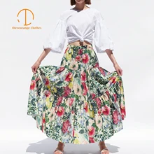 Новая летняя женская сатиновая юбка с цветочным принтом, мягкая драпированная юбка с эластичной резинкой на талии в стиле пэчворк, стильная повседневная плиссированная юбка макси для женщин