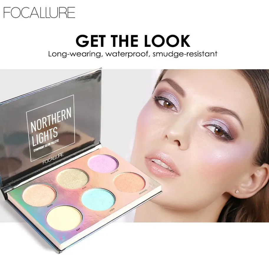 Focallure Shimmer Highlighter Palette 6 Colors Glitter Face Contouring Illuminator Waterproof Highlight Makeup Powder Glow Kit