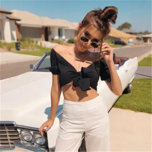2018 Summer NEW Women off shoulder Vest Tops Halter Exposed Navel Bikini Black Sexy Briefs Blouse |