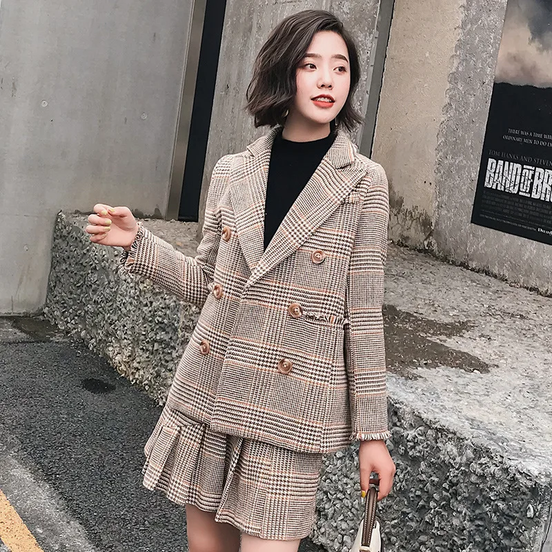 

Skirt suit ladies suit autumn and winter new office plaid long-sleeved woolen suit jacket fashion skirt two-piece 2019